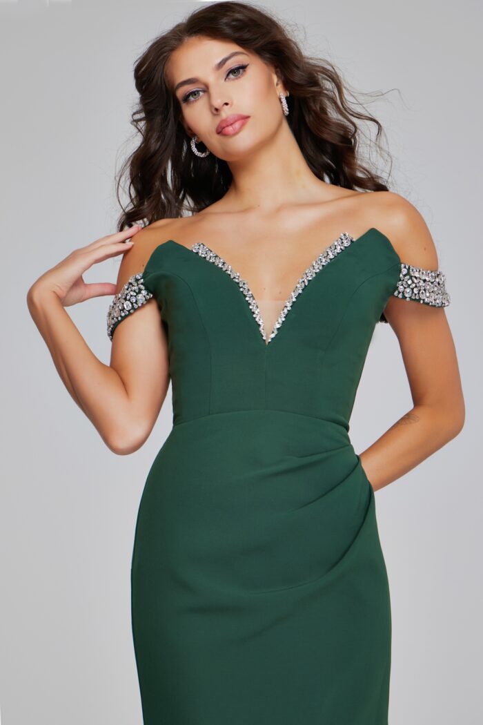 Model wearing Elegant Off-Shoulder Hunter Green Gown 42394