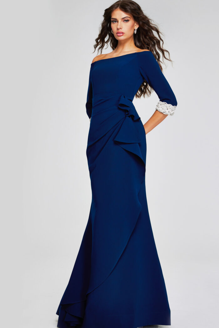 Model wearing Navy Off-Shoulder Gown with Beaded Cuffs 42409