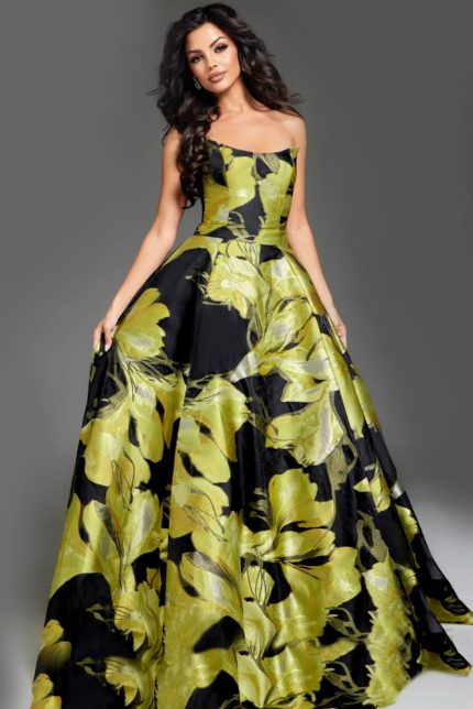 model wearing 42435 yellow floral dress with a strapless neckline and A-line silhouette, front view