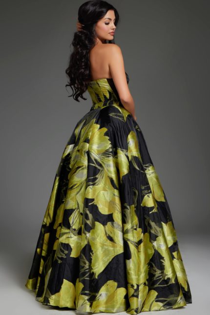 model wearing 42435 yellow floral dress with a strapless neckline and A-line silhouette, back view