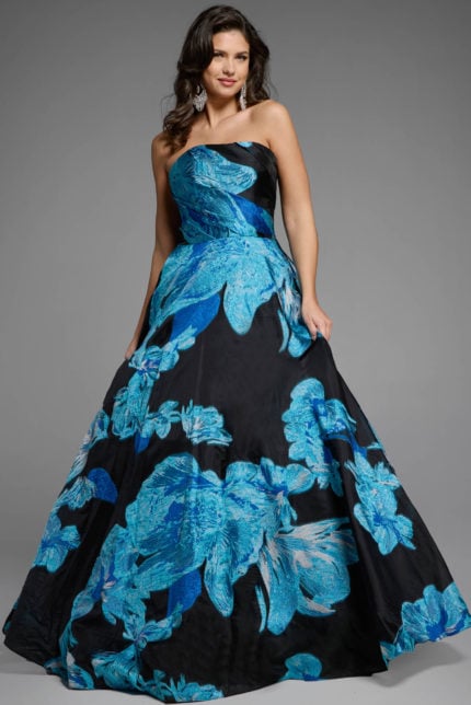 Voluminous black ball gown adorned with vivid blue floral patterns.