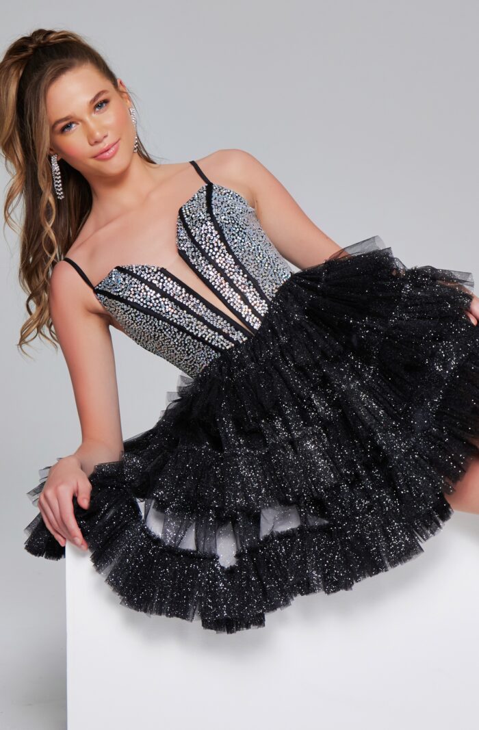 Model wearing Corset Bodice Fit and Flare Black Dress 42457