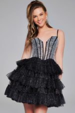 Front view of Jovani 42457 black dress with tiered skirt and embellished bodice.