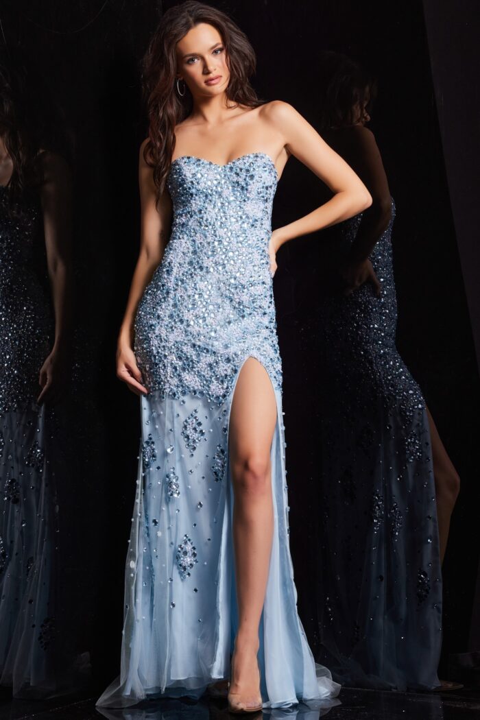 Model wearing Strapless Beaded Dress 4247