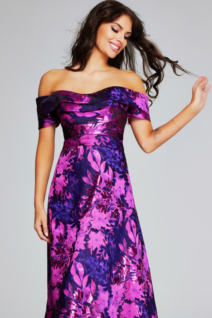 Model wearing Vibrant Fuchsia Purple Off-Shoulder Gown 42506