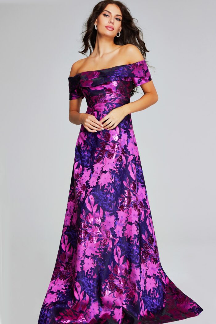 Model wearing Vibrant Fuchsia Purple Off-Shoulder Gown 42506