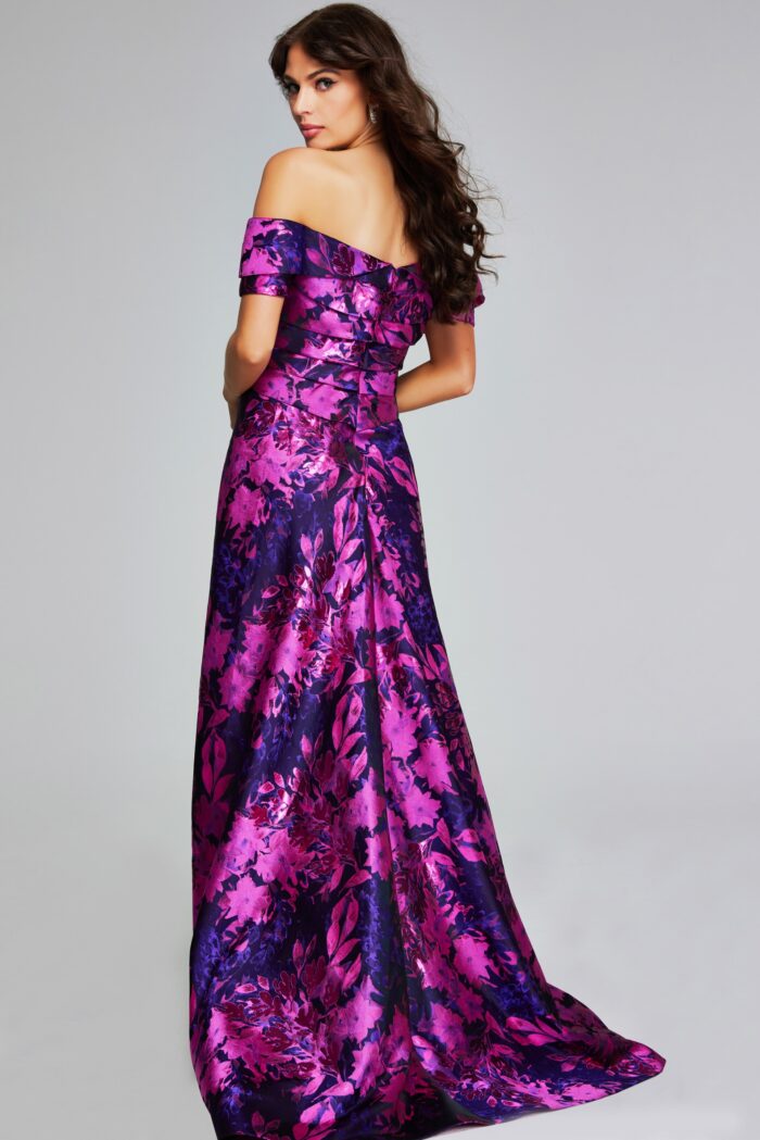 Model wearing Vibrant Fuchsia Purple Off-Shoulder Gown 42506