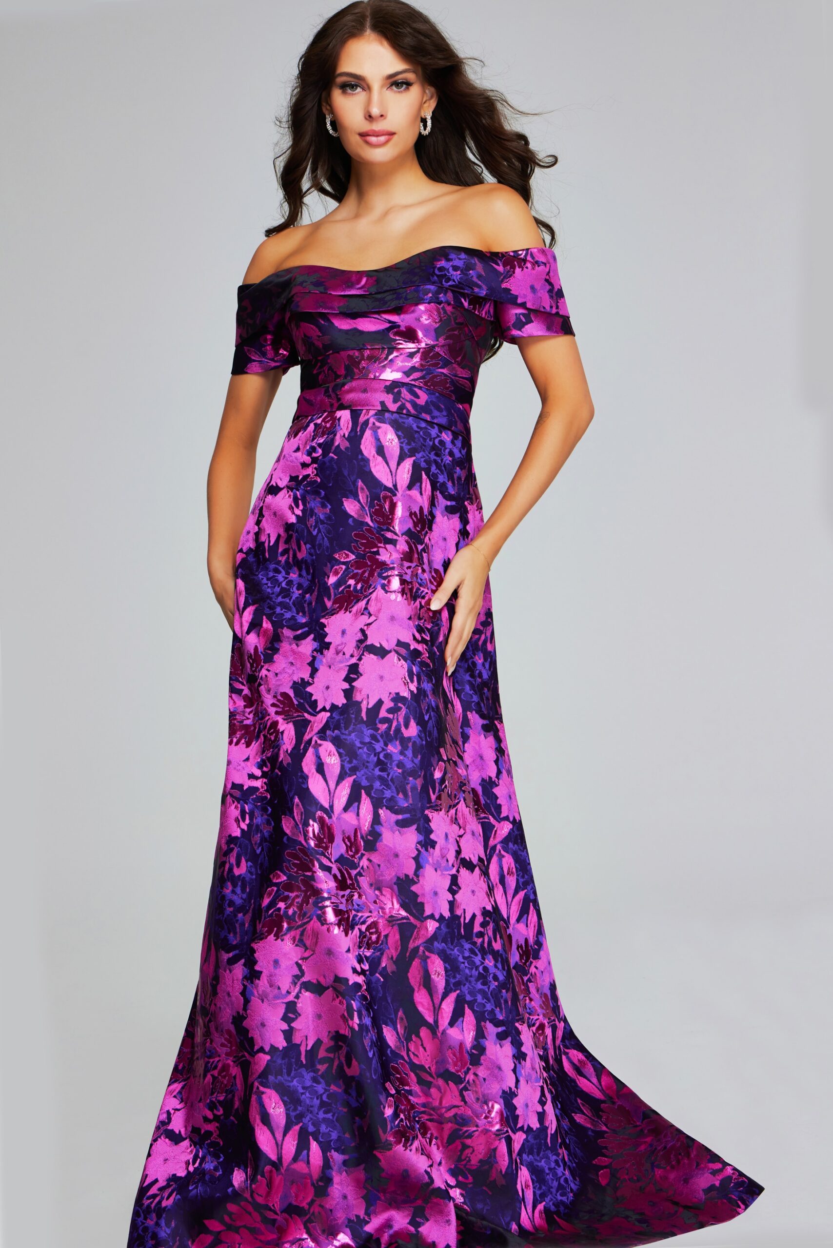 Model wearing Vibrant Fuchsia Purple Off-Shoulder Gown 42506
