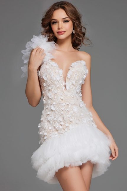 Model wearing Jovani 42536 dress in ivory, close-up front view of floral details.