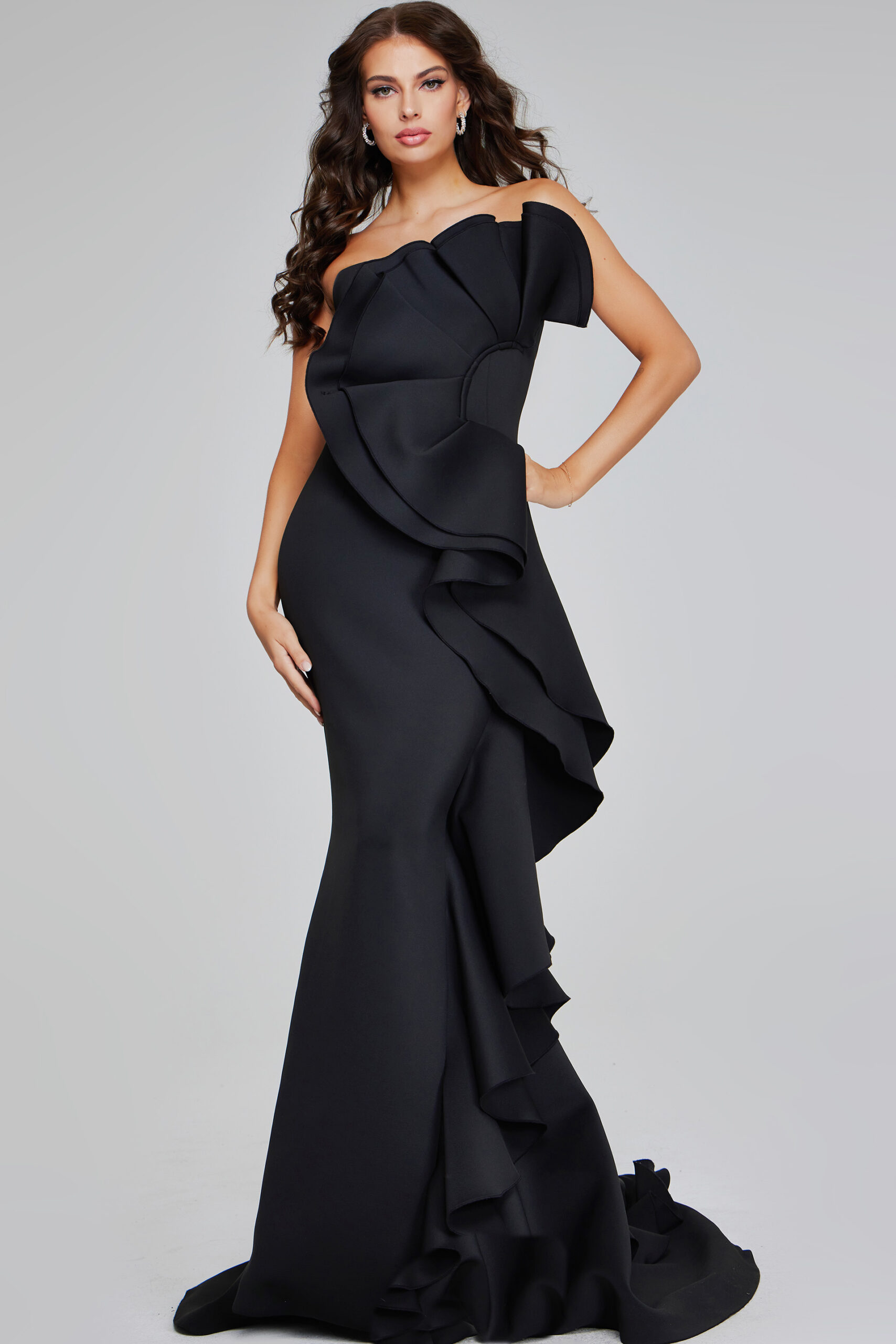 Model wearing Strapless Black Ruffled Gown 42543