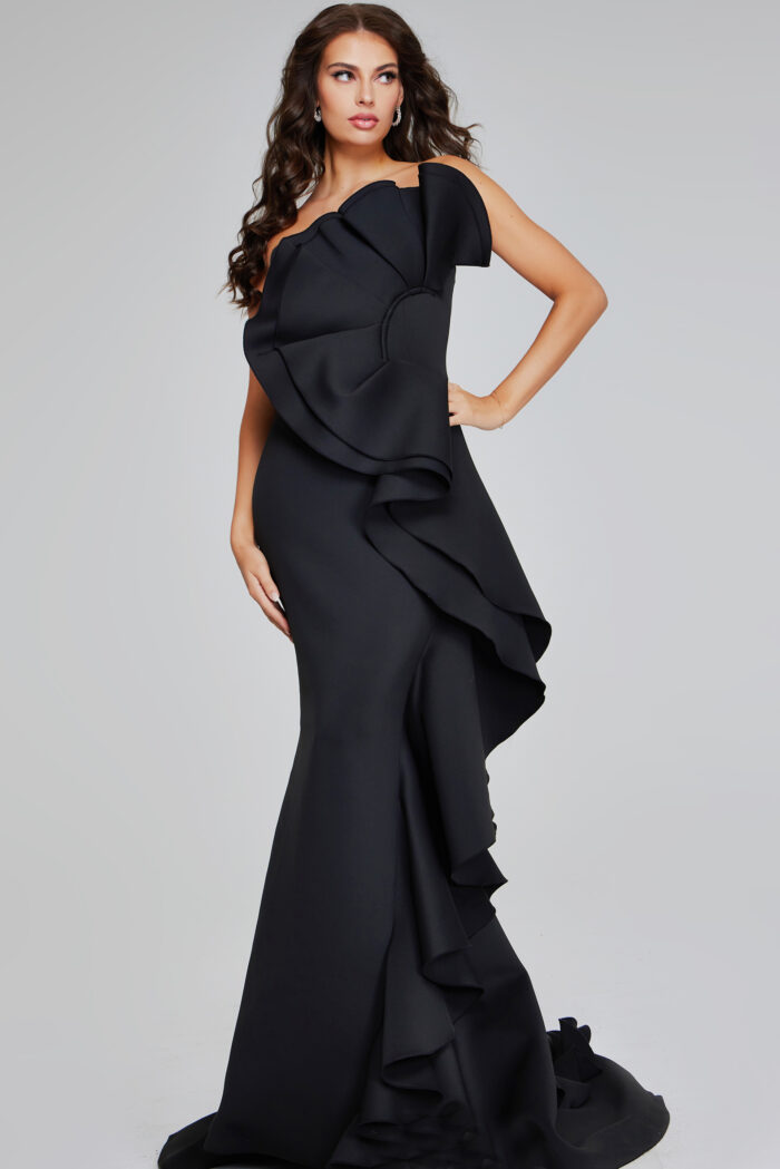 Model wearing Strapless Black Ruffled Gown 42543