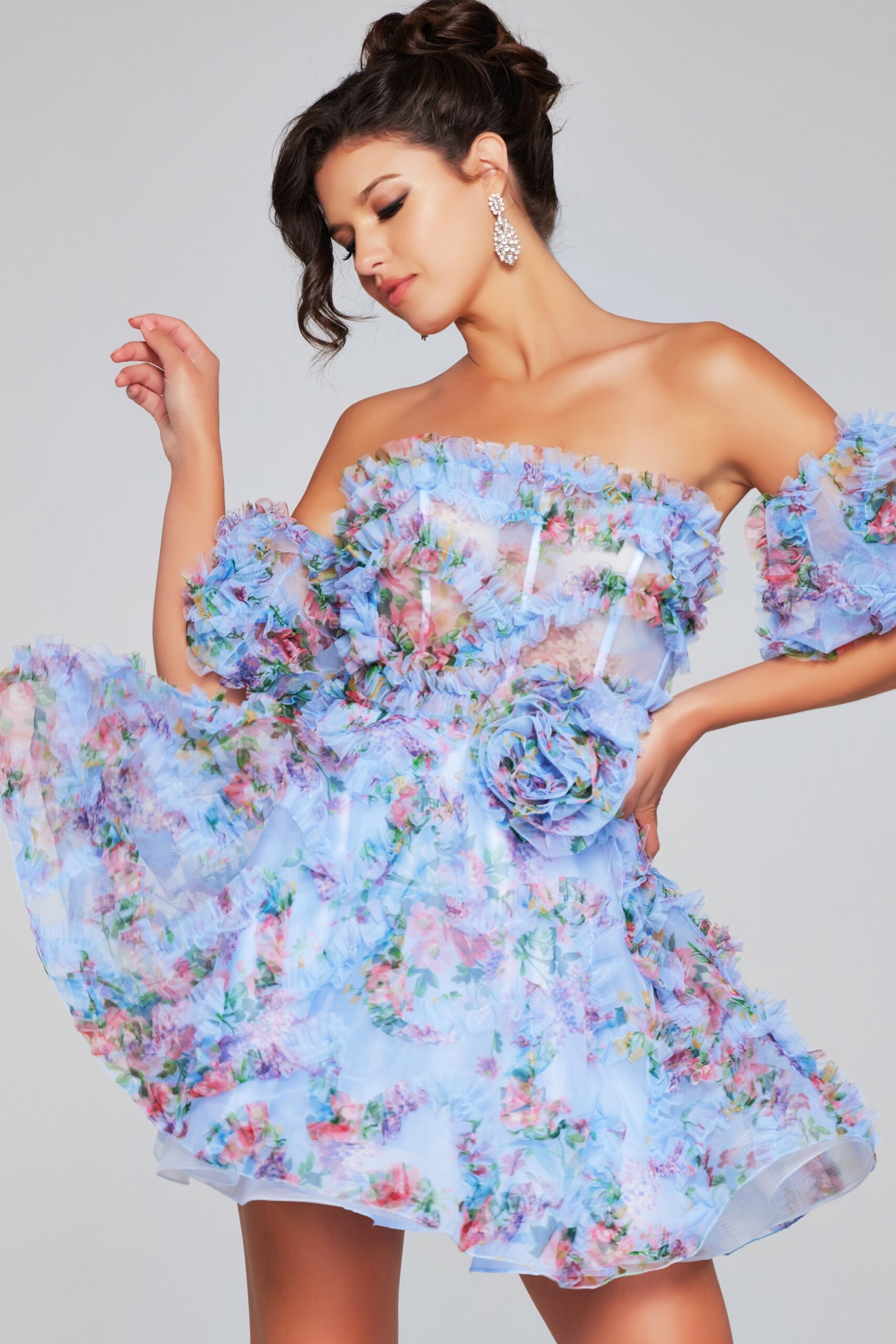 Model wearing Print Strapless Fit and Flare Dress 42573