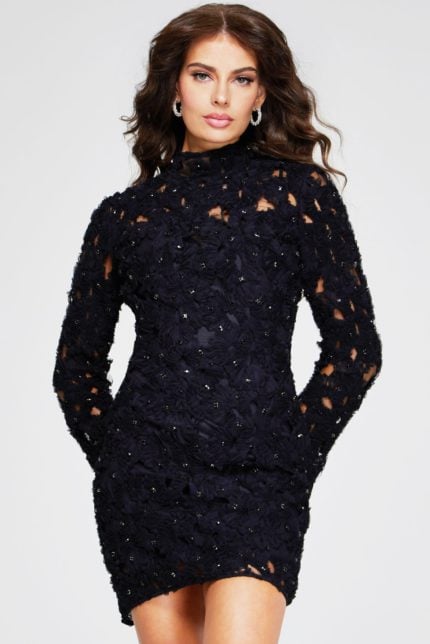 Model wearing Jovani 42576 black dress, front view with high neckline and long sleeves.