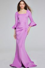 Model wearing Jovani 42579 lilac gown with square neckline and bell sleeves, front view.