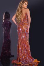 Rear view of model wearing Jovani 42600 dress in royal.