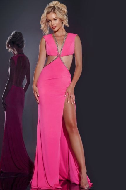 Model wearing Jovani 42675 hot pink gown with deep V-neckline and high slit, front view.