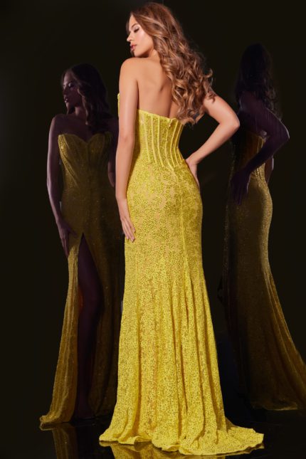 Back view of Jovani 43093 yellow gown showcasing fitted silhouette and elegant design.