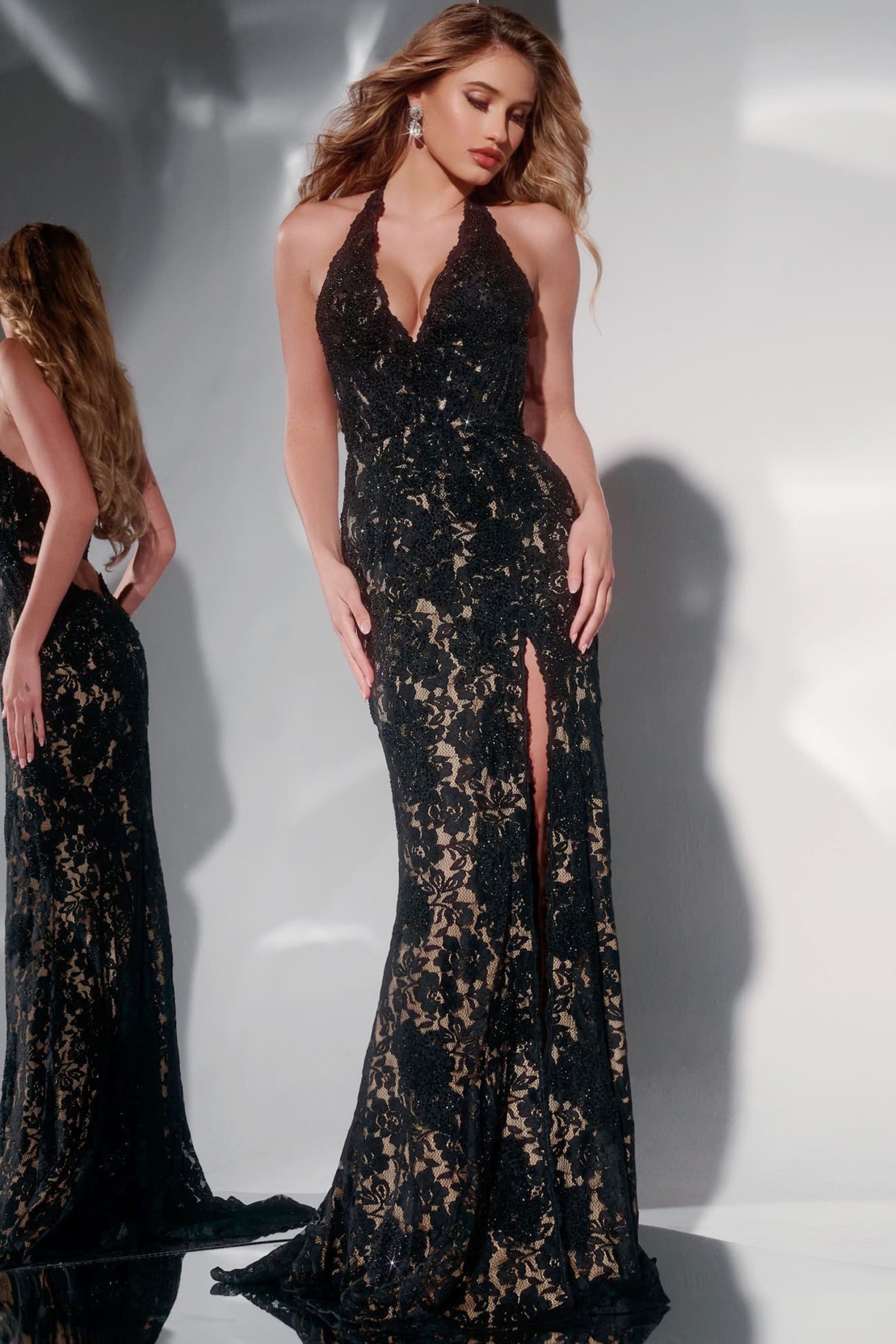 Lace Gown with Cutout Back and High Slit 43097