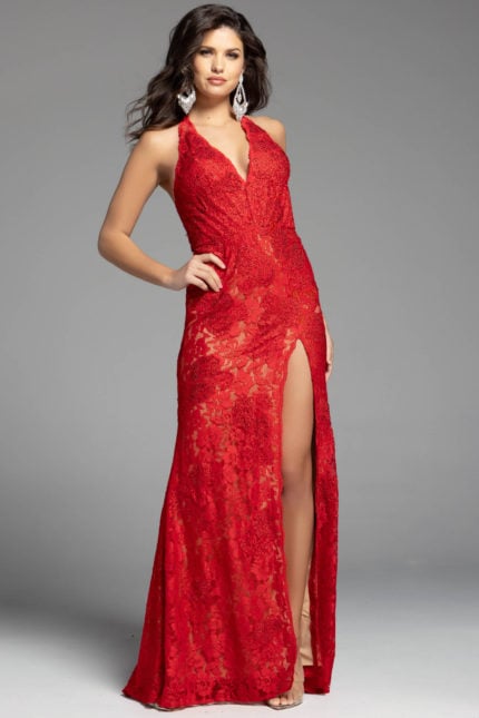 red v neckline high slit dress 43097