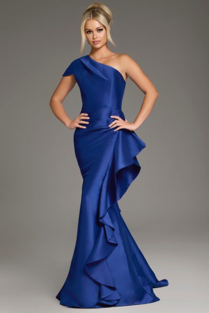 Model wearing Jovani 43126 dress with asymmetrical neckline in purple.