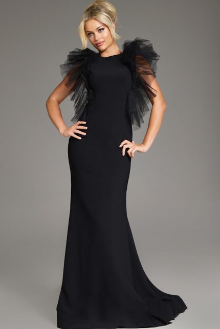 Model wearing Jovani 43153 black dress with flutter sleeves, front view.