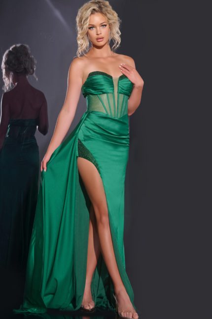 Model wearing Jovani 43157 emerald green gown with high slit and strapless neckline