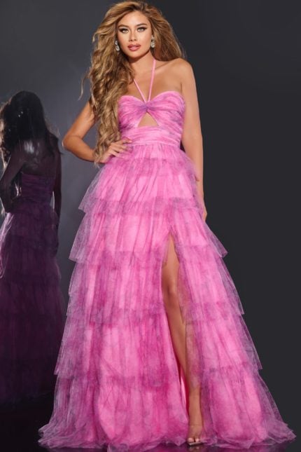 Model wearing Jovani 43170 pink dress with halter neckline and tulle layers, front view.