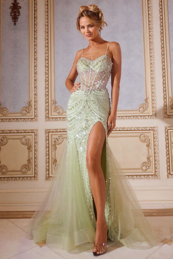 Sheer Corset Bodice Gown with High Slit and Beaded Detailing 43189