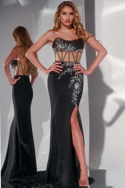 model wearing Jovani 43246 black gown with beadwork and high slit