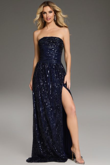 Model wearing Jovani 43386 navy gown, front view