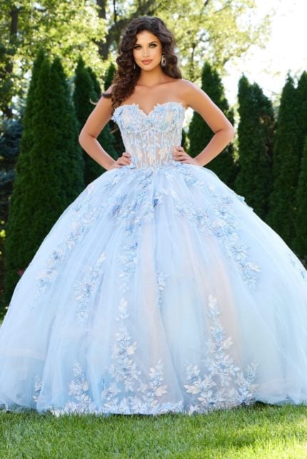 Model wearing Jovani 43433 blue ball gown with floral appliques, front view.