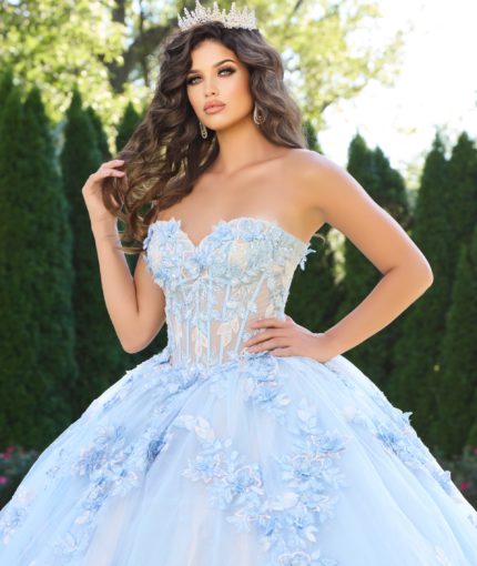 Model wearing Jovani 43433 blue ball gown with a detailed bodice, front view.