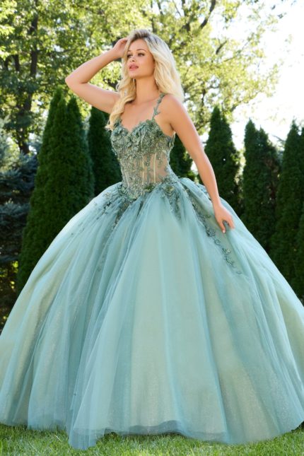 model wearing 43437 green ball gown with lace detailing and sweetheart neckline