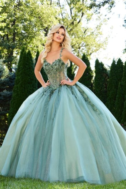 model wearing 43437 green ball gown with lace bodice and tulle skirt