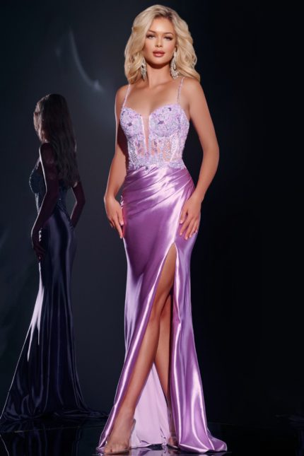 Model wearing Jovani 43569 lilac gown with floral embroidery and high slit.