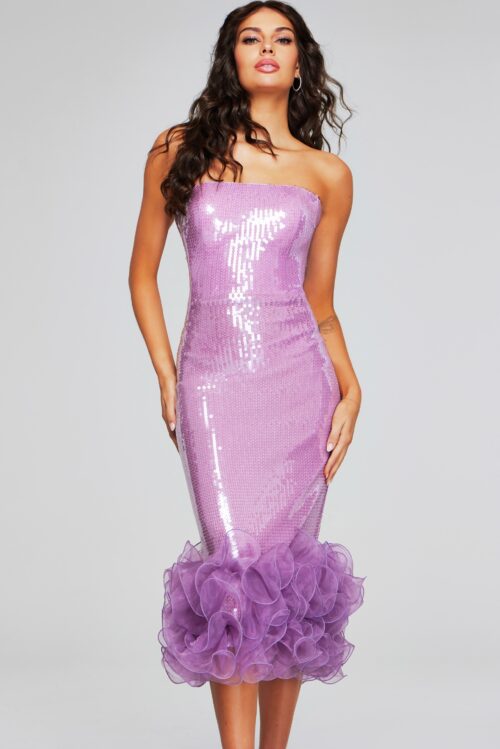 Model wearing Sparkling Lilac Sequin Strapless Dress 43598