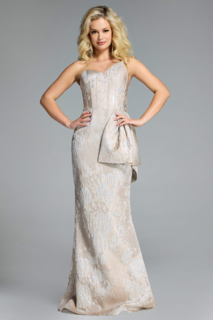 Strapless brocade evening gown with peplum detail