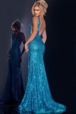 Back view of model wearing Jovani 43725 blue sequin gown.