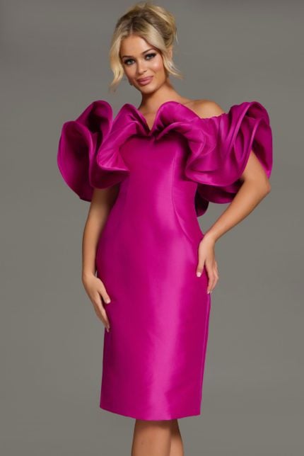 Model wearing Jovani 43758 fuchsia dress with ruffle sleeves, front view