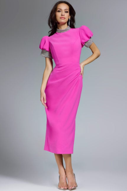 Fitted Midi Dress With Back Slit And Statement Sleeves