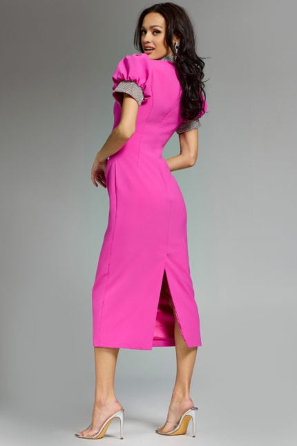 Puff Sleeve Midi Dress With Embellished Cuffs