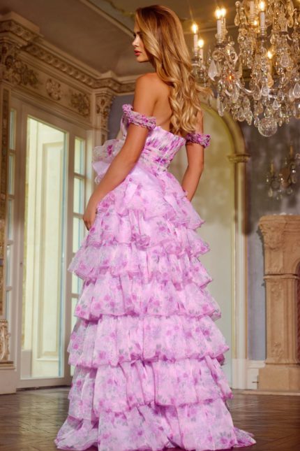 Model wearing Jovani 43786 lilac ball gown, back view showcasing ruffled details.