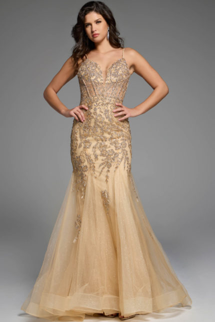 Gold evening gown with intricate sequin embroidery and a fitted bodice.