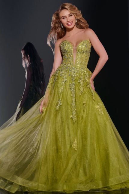 Model wearing Jovani 43849 green ball gown with sweetheart neckline and lace appliques from the front.