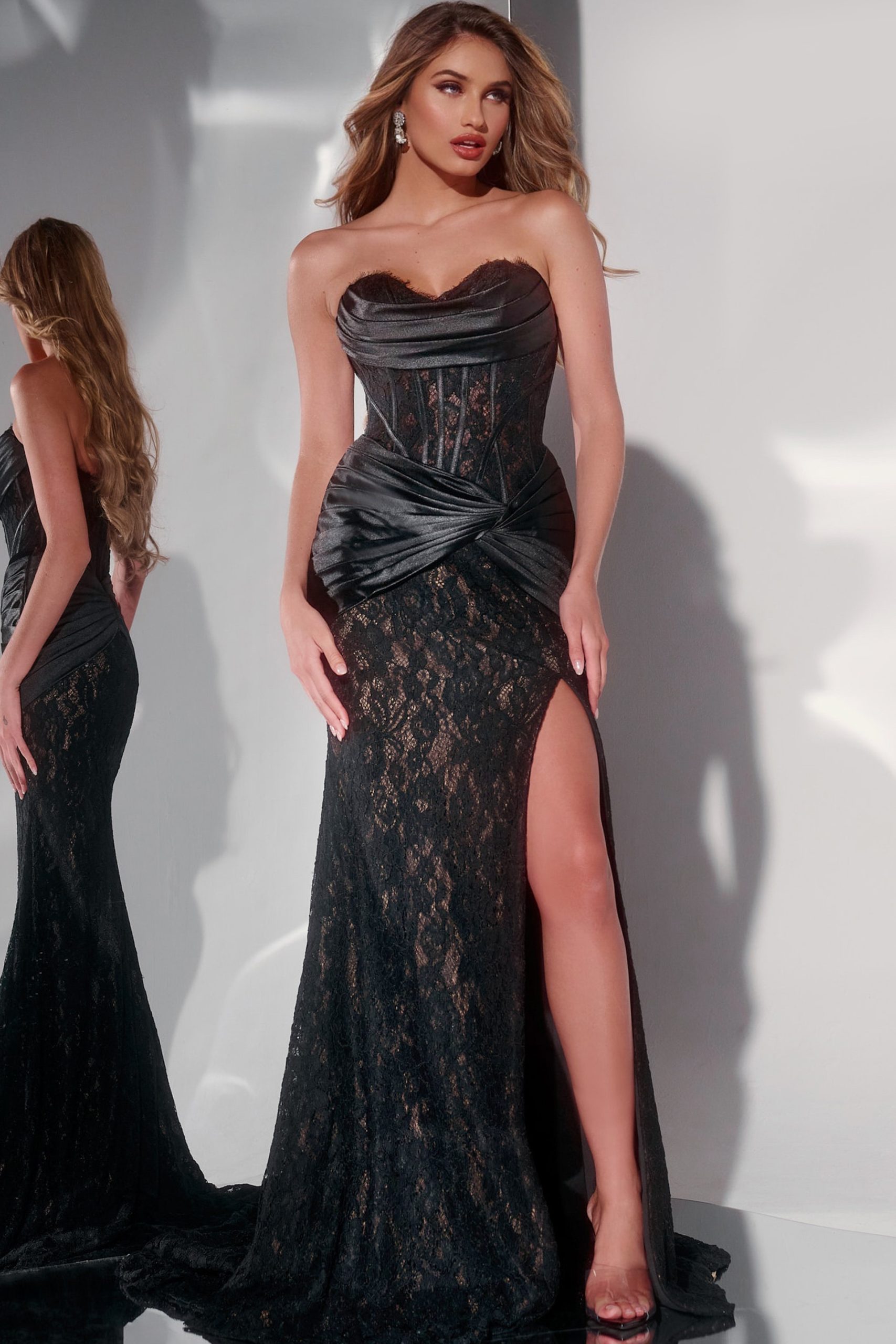 Strapless Black Lace Evening Gown with Ruched Satin Accent 43859