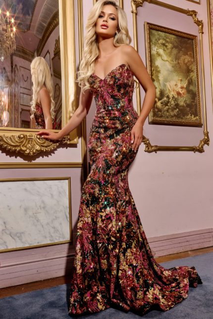 Model wearing Jovani 44072 multi-colored sequin gown with sweetheart neckline, front view.