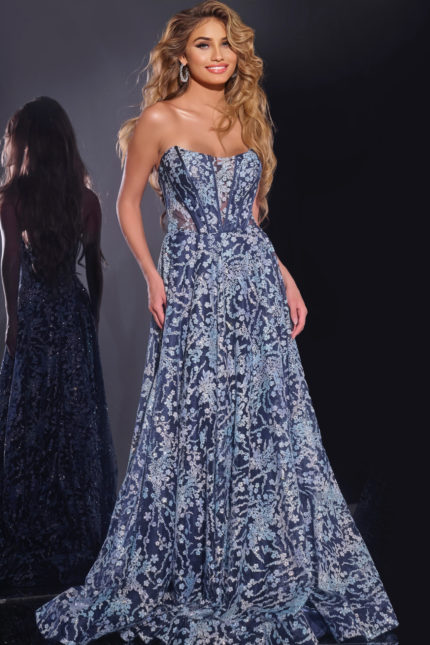 Model wearing Jovani 44151 navy evening gown with floral embroidery, front view.