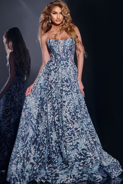 Model wearing Jovani 44151 full-length navy gown with sweetheart neckline, front view.