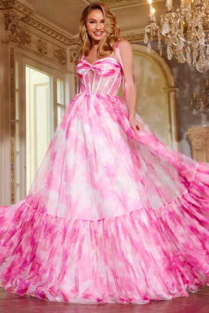 Model wearing Jovani 44181 pink dress with a sweetheart neckline and tiered skirt.