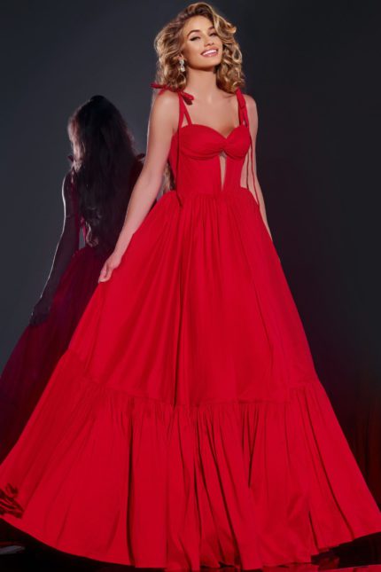 Model wearing Jovani 44182 long red gown with sweetheart neckline and shoulder ties